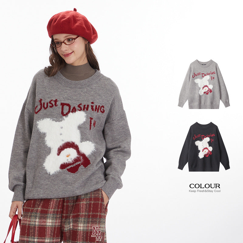Nariele letter Bear cartoon round neck pullover loose knit sweater