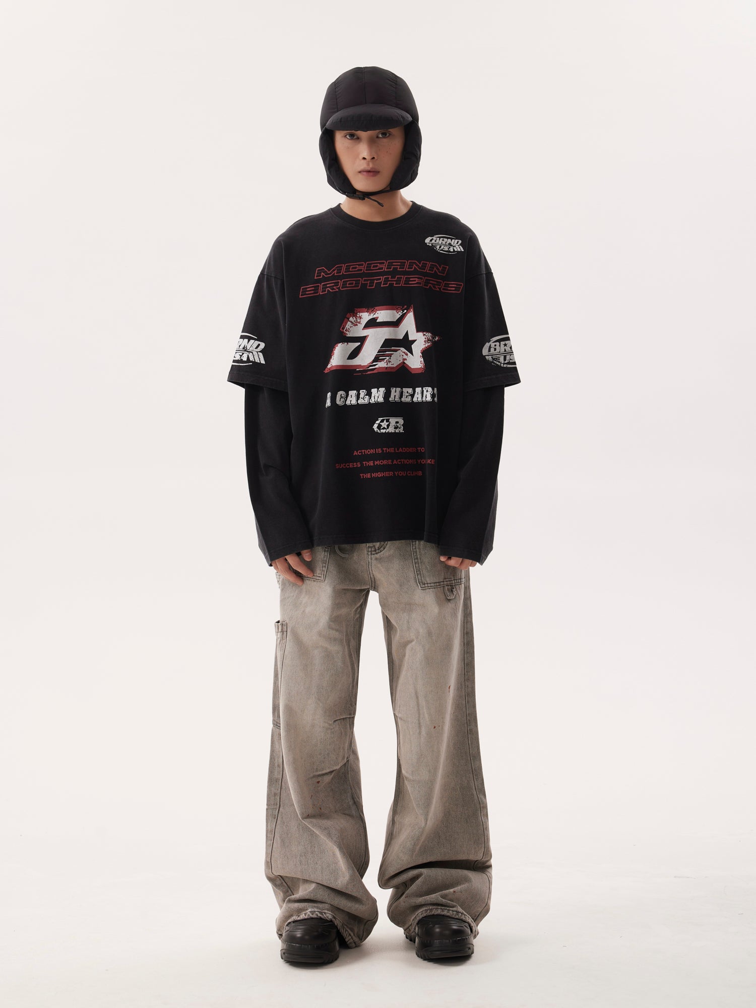 BTSG Distressed Ink-splashed loose wide-leg Jeans