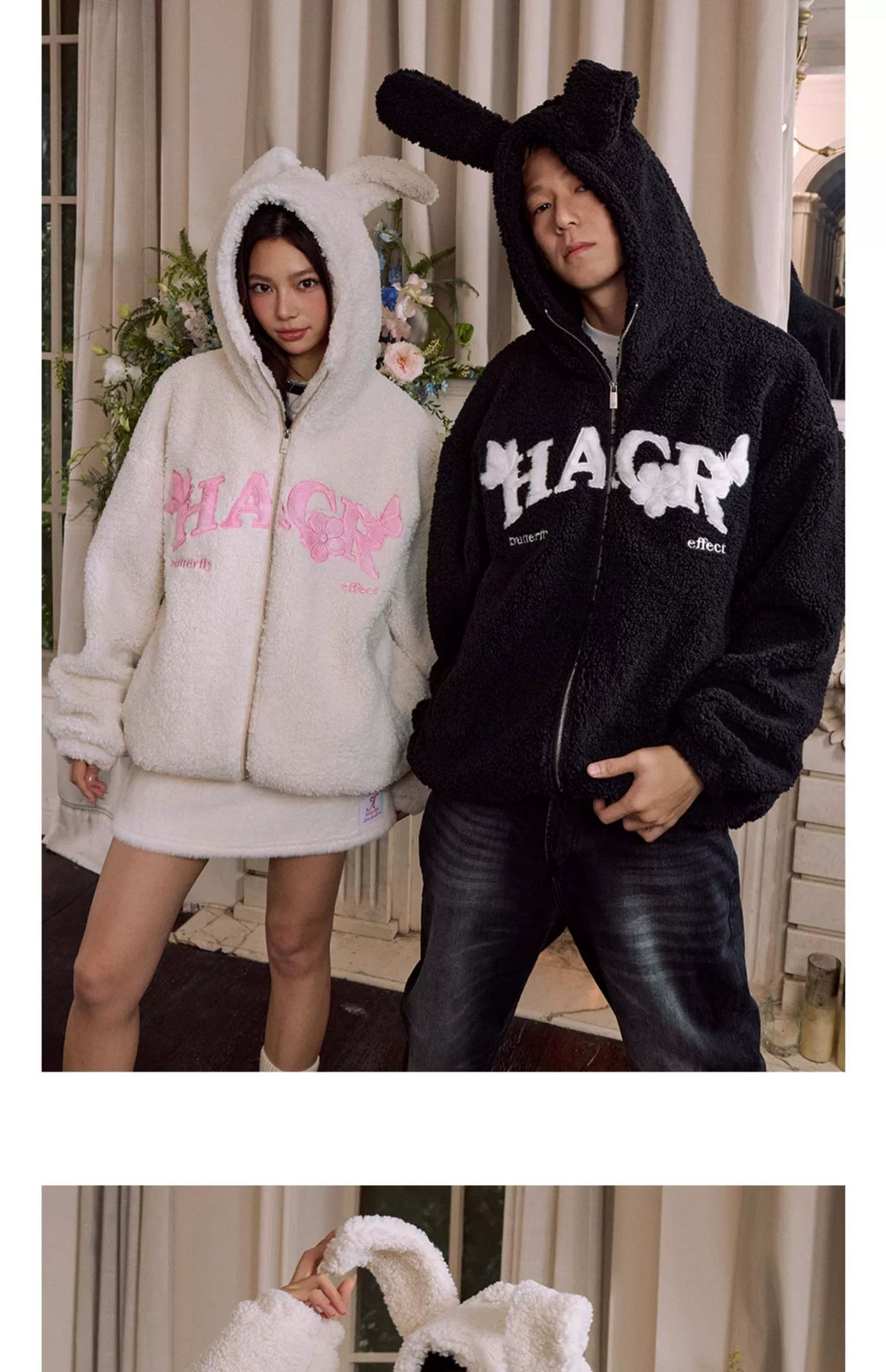 Harshandcruel Plush Ears Butterfly Floral Patch Embroidered Lambswool Hoodie