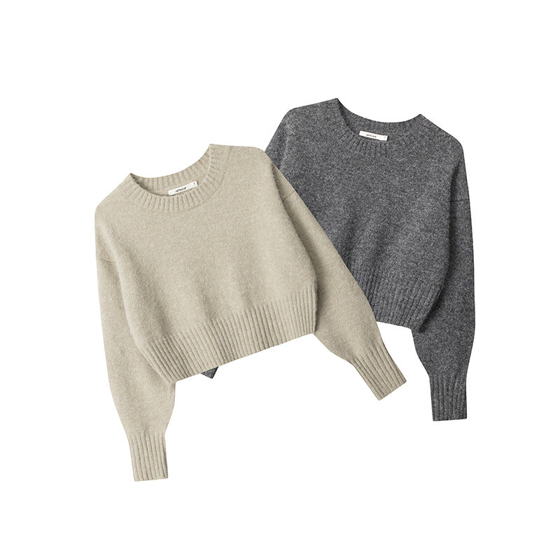 Nariele pullover Solid cropped  Top round neck long sleeve top sweater