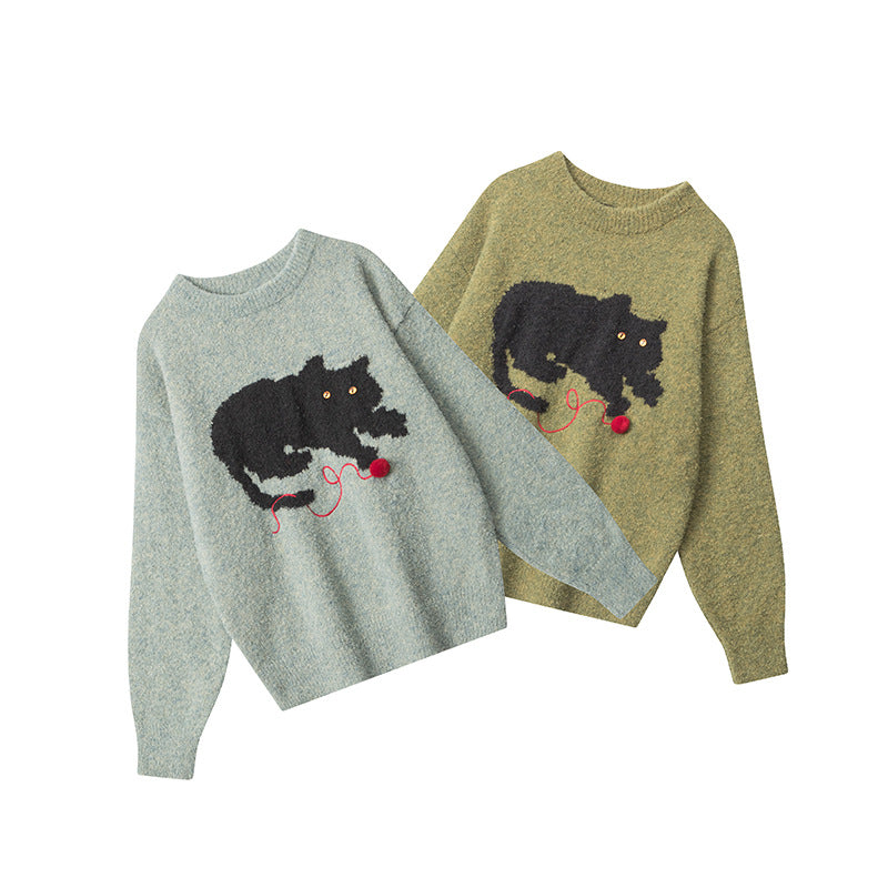 Nariele Cat Sweater Lazy Casual Knitted Loose Retro Crewneck Pullover Sweater