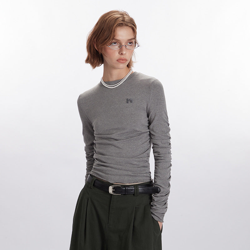 Nariele Embroidered Ruffled Sleeves Waist Design Niche Slim Tight Women Top
