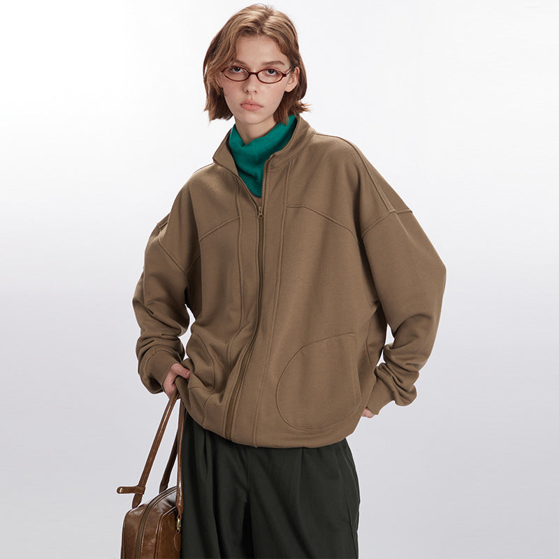Nariele Unisex Loose Stand Collar Solid Color Retro Sweatshirt Casual Classic Zip Jacket
