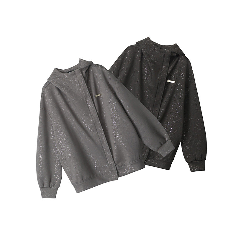 Nariele Shimmer metal label loose sweatshirt Snow Fleck Zipper Jacket