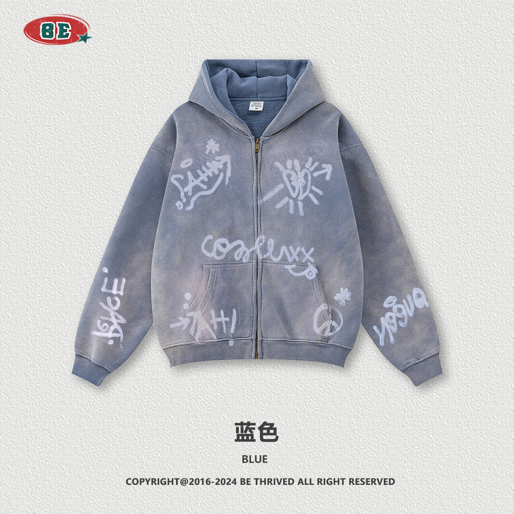 BE Winter Graffiti Hand-Painted On Zipper Hoodie