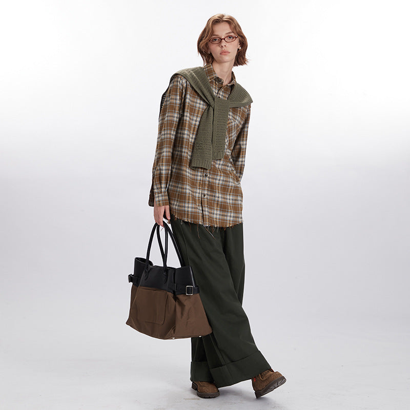 Nariele Plaid Shirt Long Sleeve Niche Design Unisex Shirt with Edges Loose Retro Top