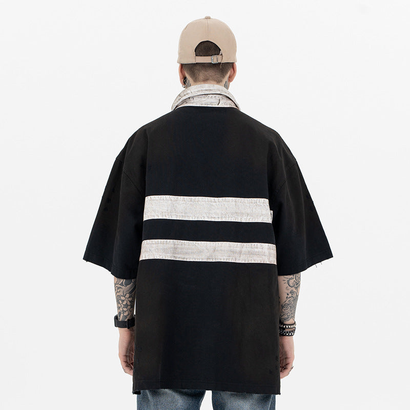 "clearance" FORGIVNESS Distressed Polo Dirty Dye Lapel Silhouette Double Short Sleeve Tee