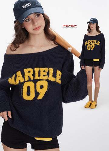 Nariele Letter  Loose Off-Shoulder Pullover Knit Vintage Casual Sweater