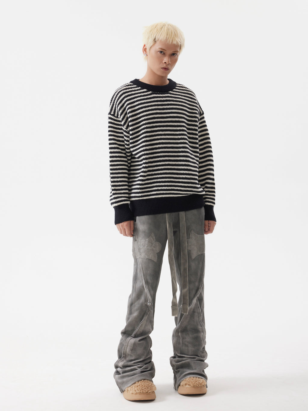 BTSG Striped Cropped Crew Neck Sweater
