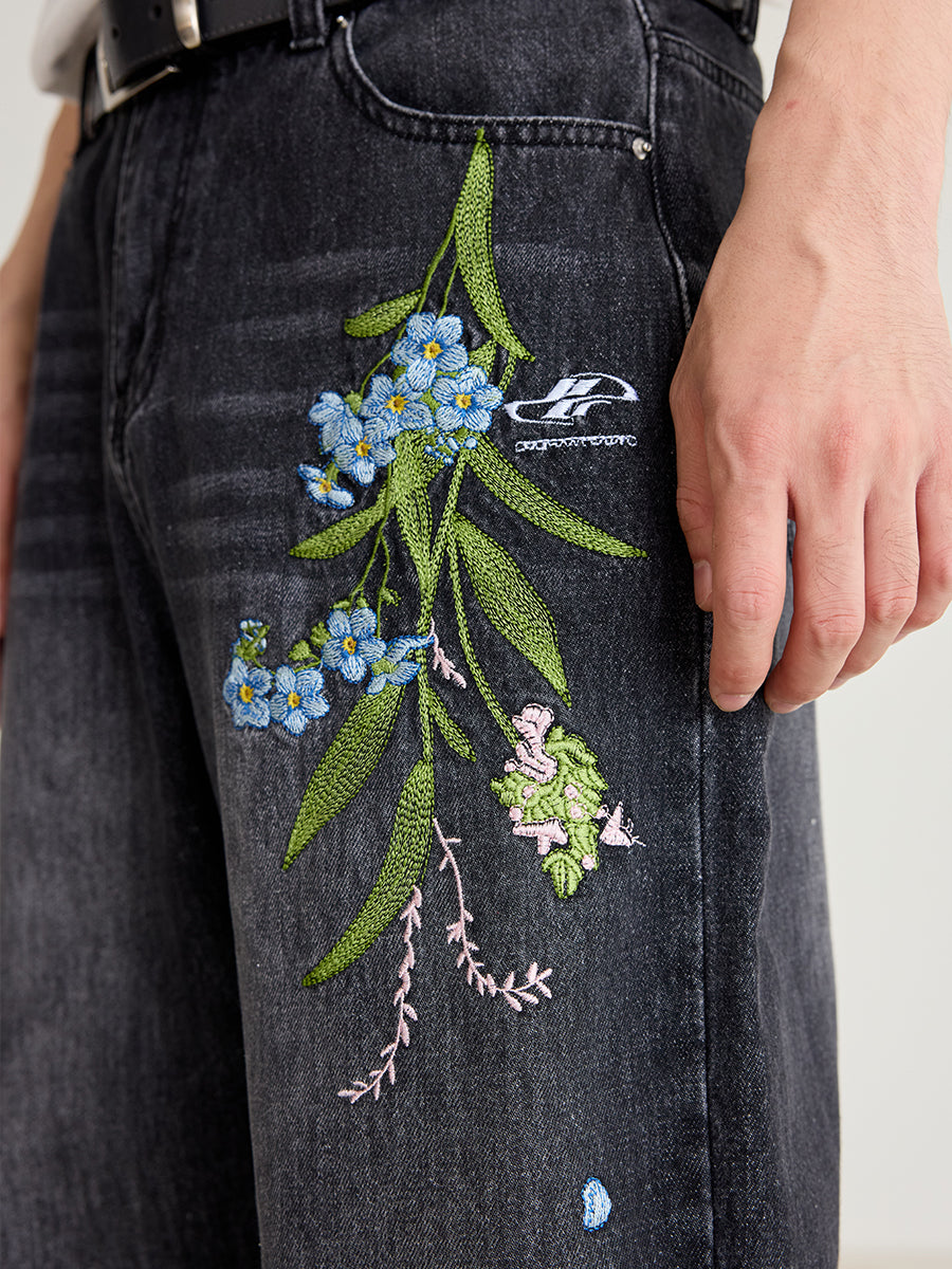 Harshandcruel Cleanfit floral-embroidered wash dehemed jeans