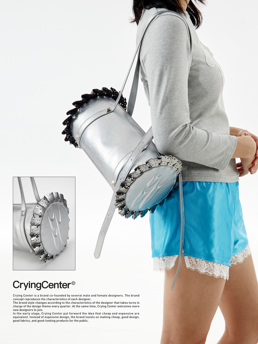 CryingCenter silver-toned leather lace cylinder shoulder cross-body bag