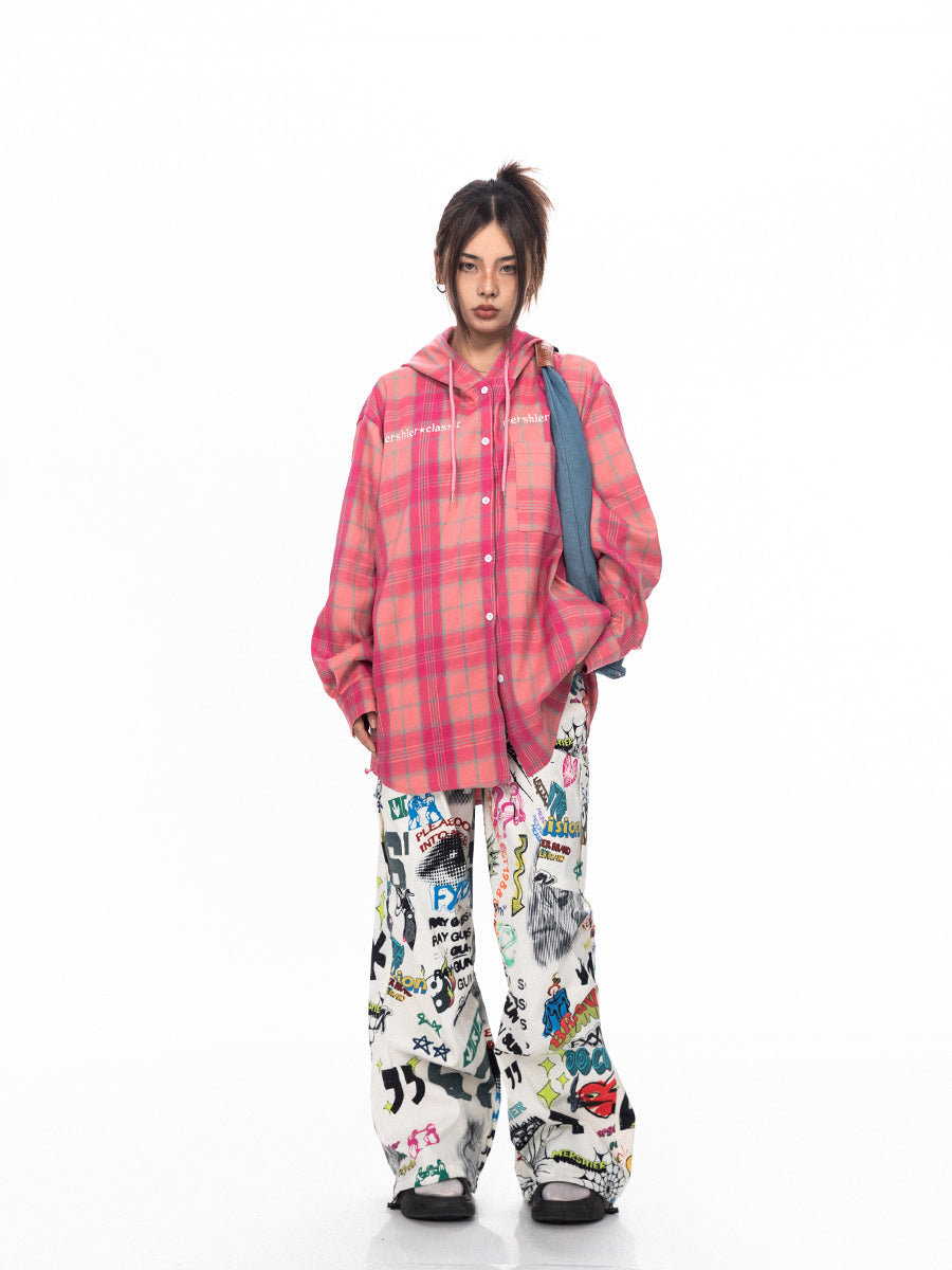 BLACKBB قميص زوجين فضفاضة مطرزة الوردي الصدر