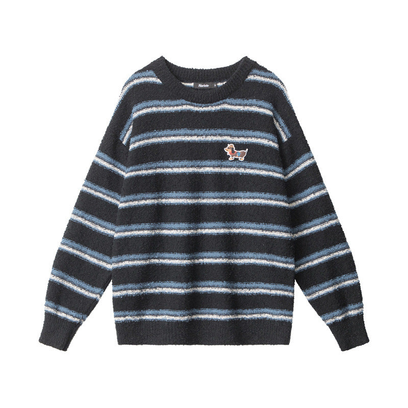 Nariele Retro Striped Crew Neck Sweater Loose Puppy Patchwork Knitwear
