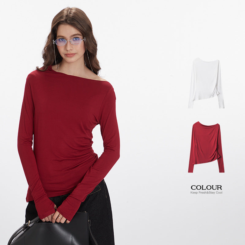 Nariele Elegant Irregular Slim T-Shirt Long Sleeve  Slope Collar Top