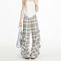 NERESUM Ballet Sweet Cool Bow Strappy Plaid Pants Slim Straight Casual Cargo Pants