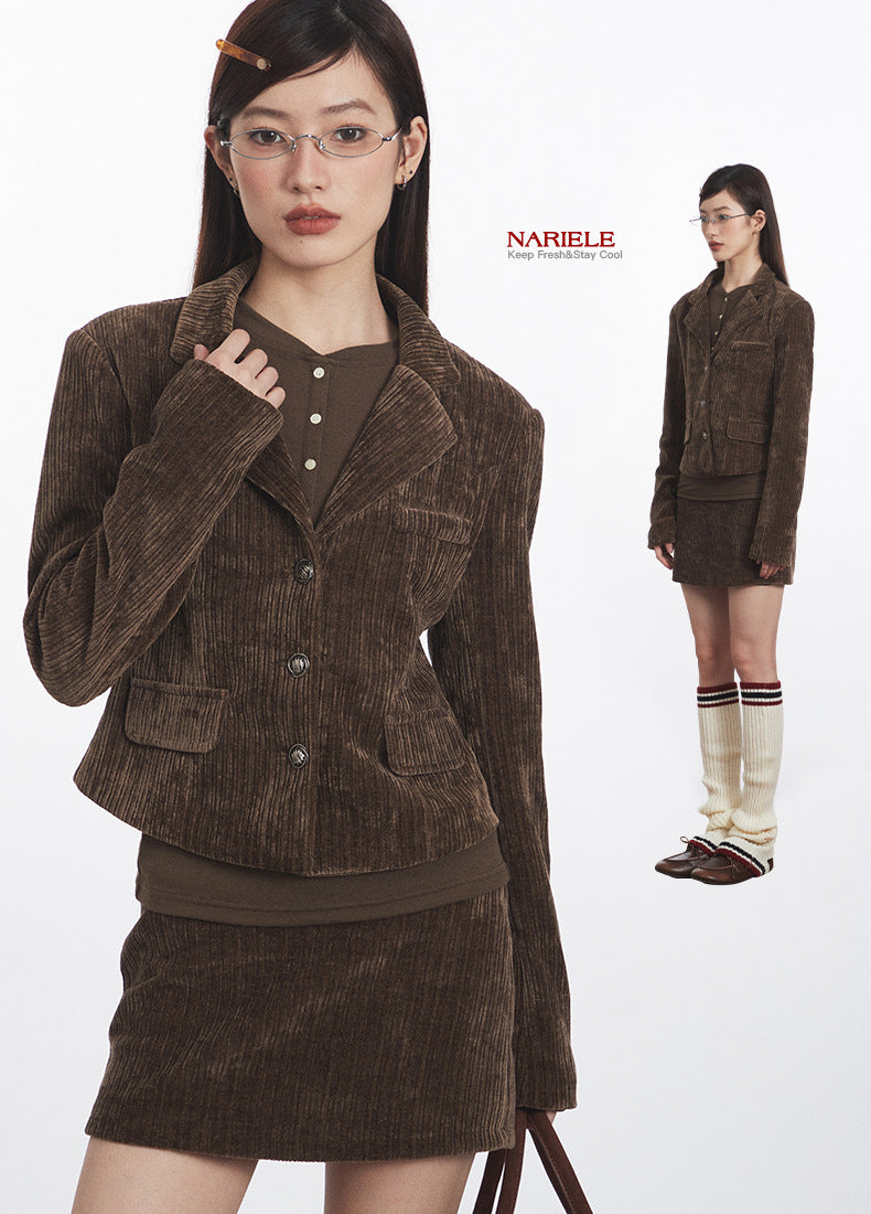 Nariele High Waist Slim Solid Corduroy Short Skirt