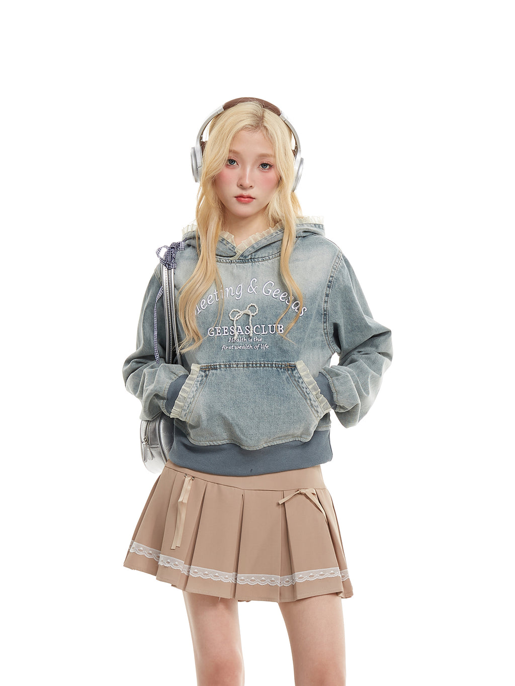 NERESUM Lace Patchwork Denim Hoodie Sweatshirt Trendy Preppy Street Cropped Hoodies