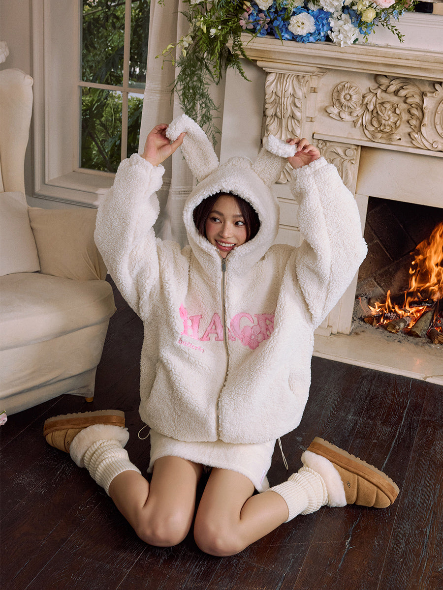 Harshandcruel Plush Ears Butterfly Floral Patch Embroidered Lambswool Hoodie