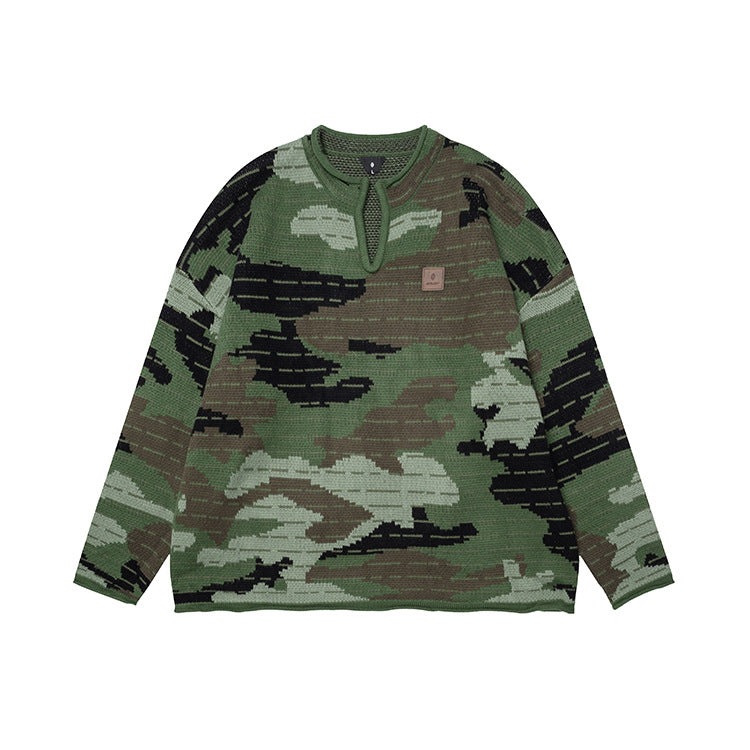 #OVDY  Unisex Thermal Jacquard Craft V-Neck Camouflage Knitwear Sweater