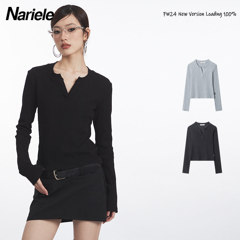 Nariele Pure Color V-neck Tight Long-sleeved Top