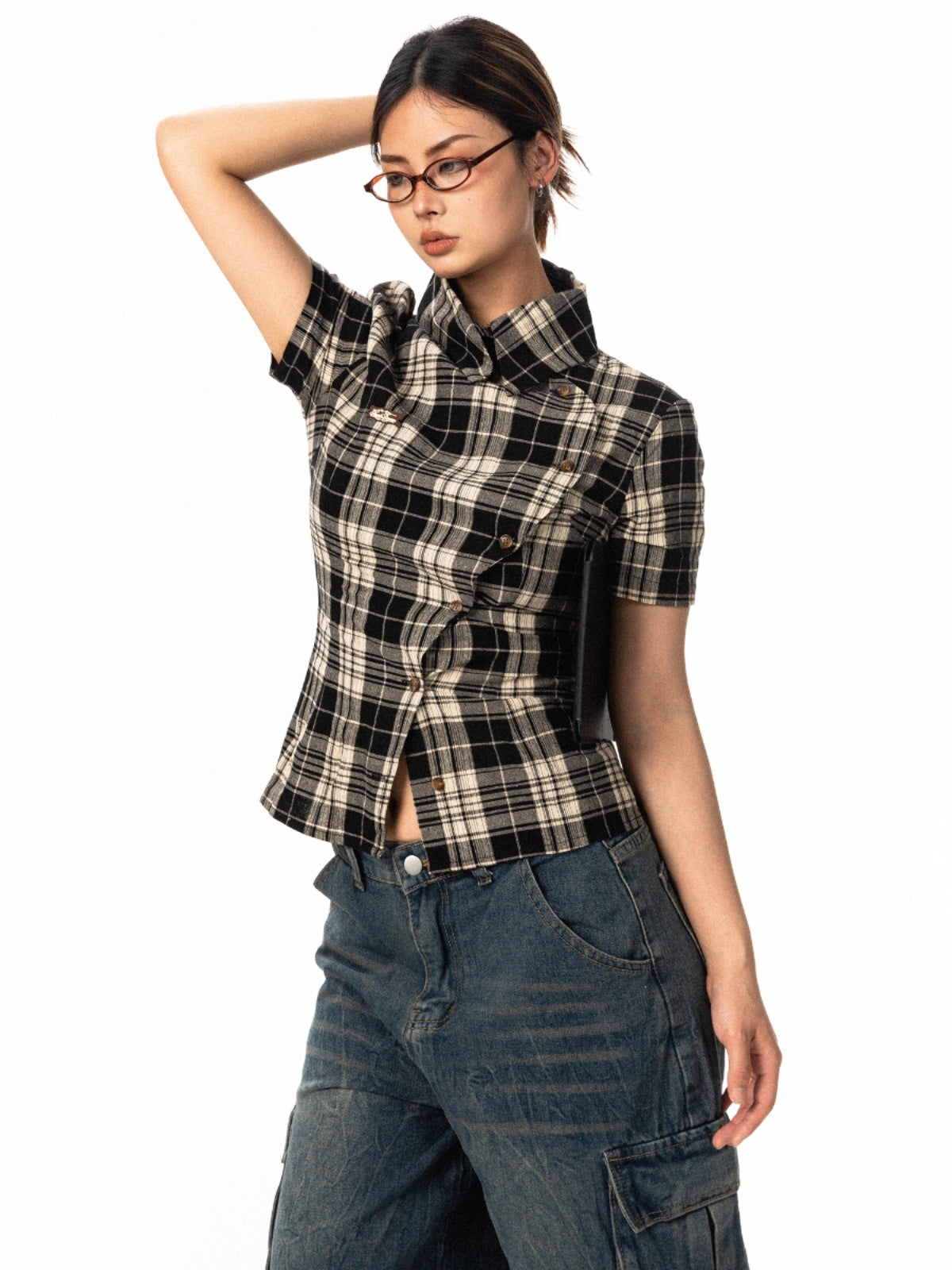 Pre-loved Diagonal Placket Check Skinny Shirt Slim Fit Tee