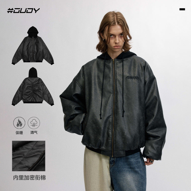 #OVDY Street Wear Retro Loose Thick Hood Zipper Leather Jacket