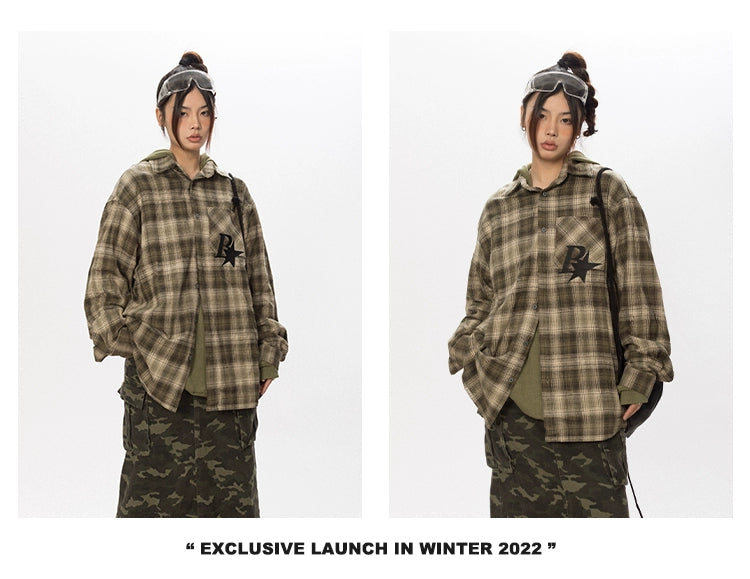 BLACKBB Vintage Plaid Flocked B Letter Print Shirt