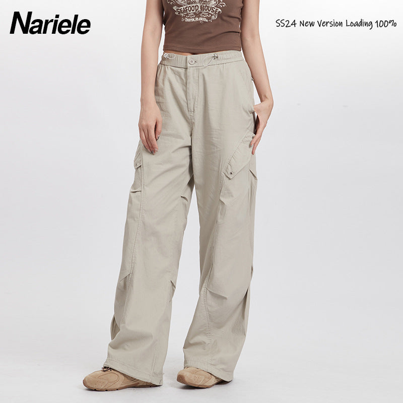 Nariele Unisex Retro Windproof Cargo Pants Ruffled Wide Leg Loose Pants