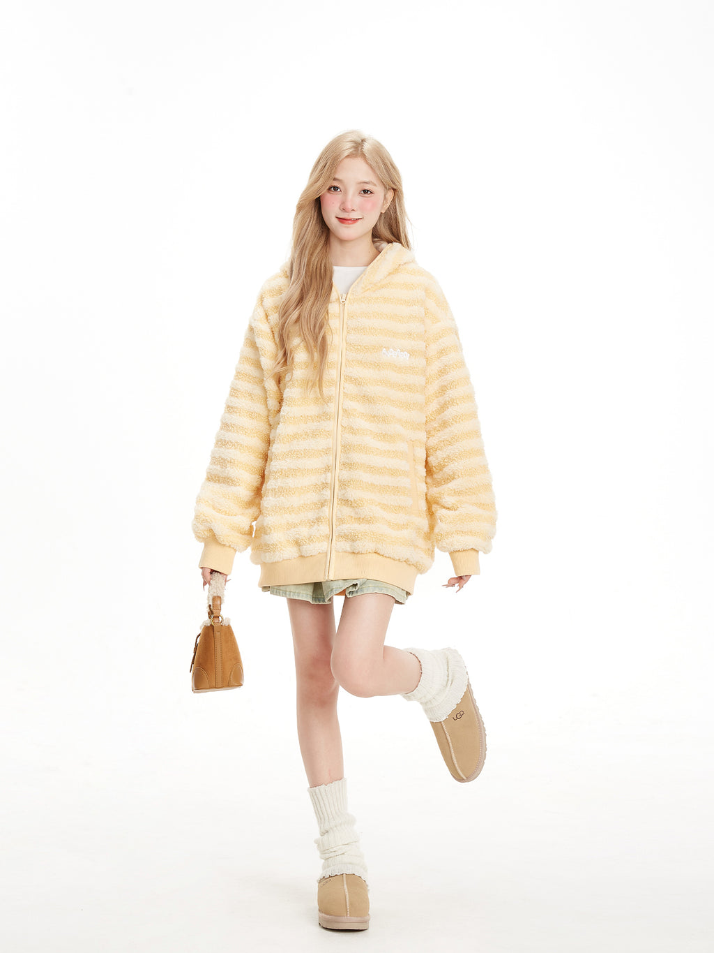 NERESUM Bear Ear Striped Fleece Hoodie Jacket Winter Cute Loose Thin Cotton Jacket