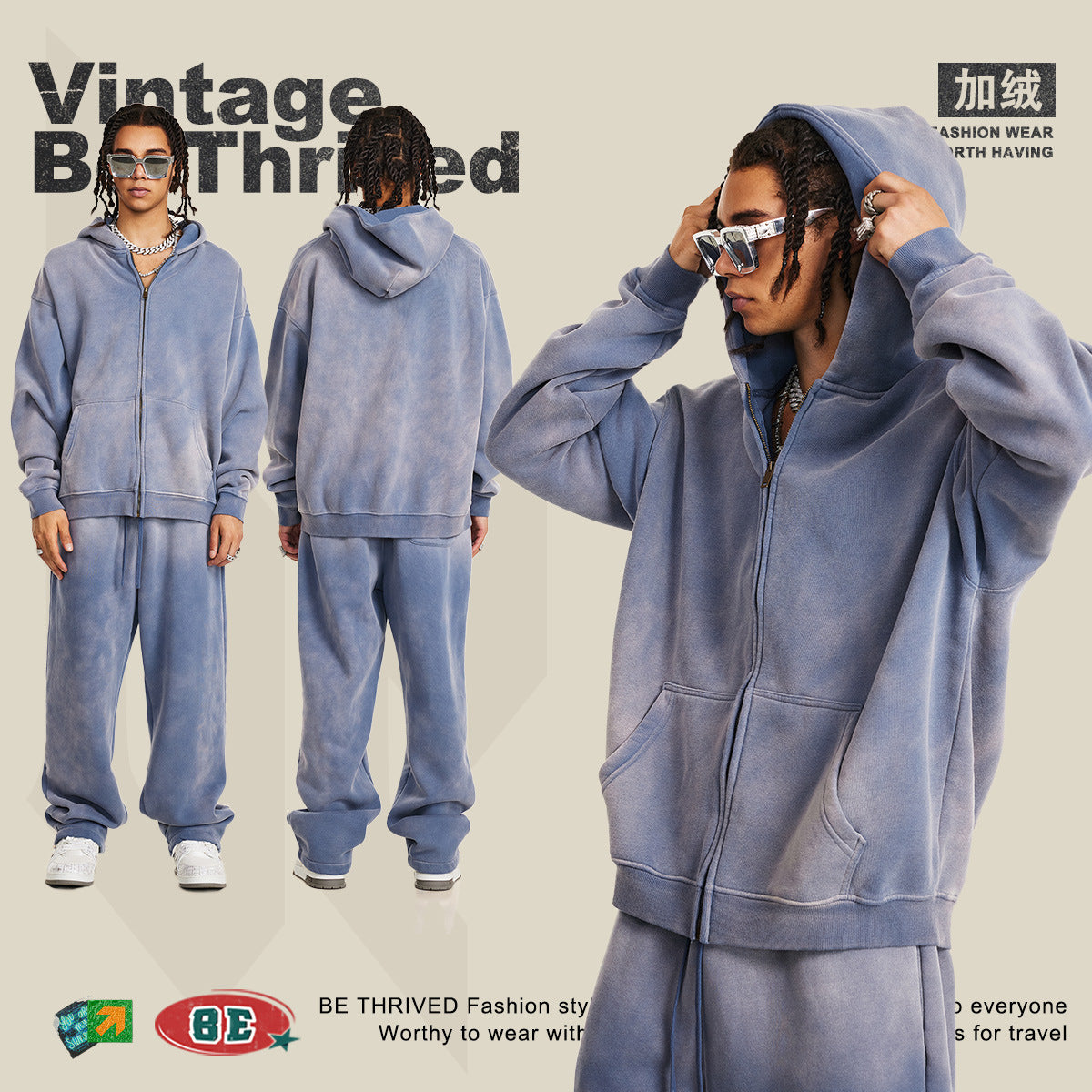 BE Washed Fleece Hooded  Zip Jacket