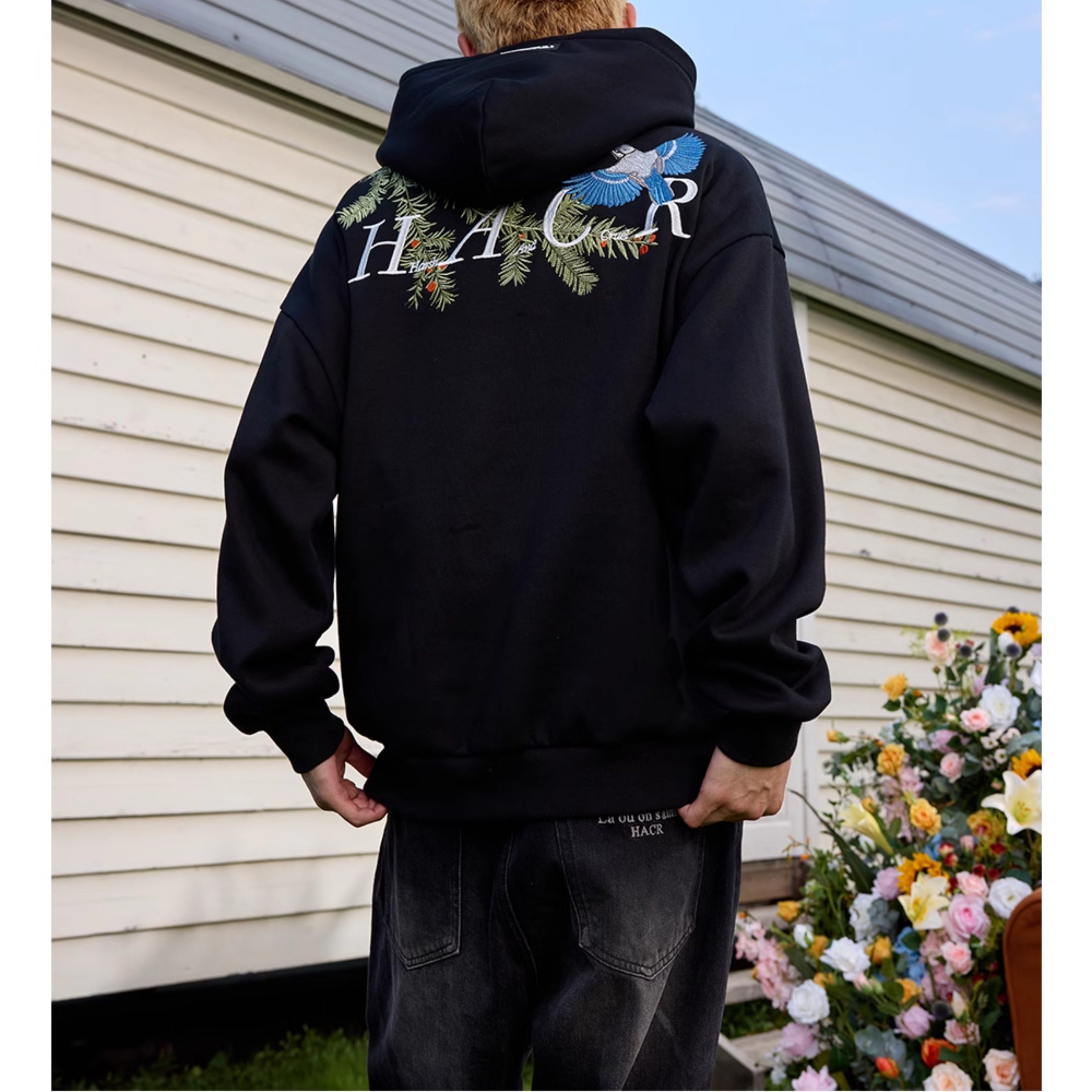 Harshandcruel Chinese Pine Needle Flying Bird Over-the-shoulder Embroidered HACR Hoodie