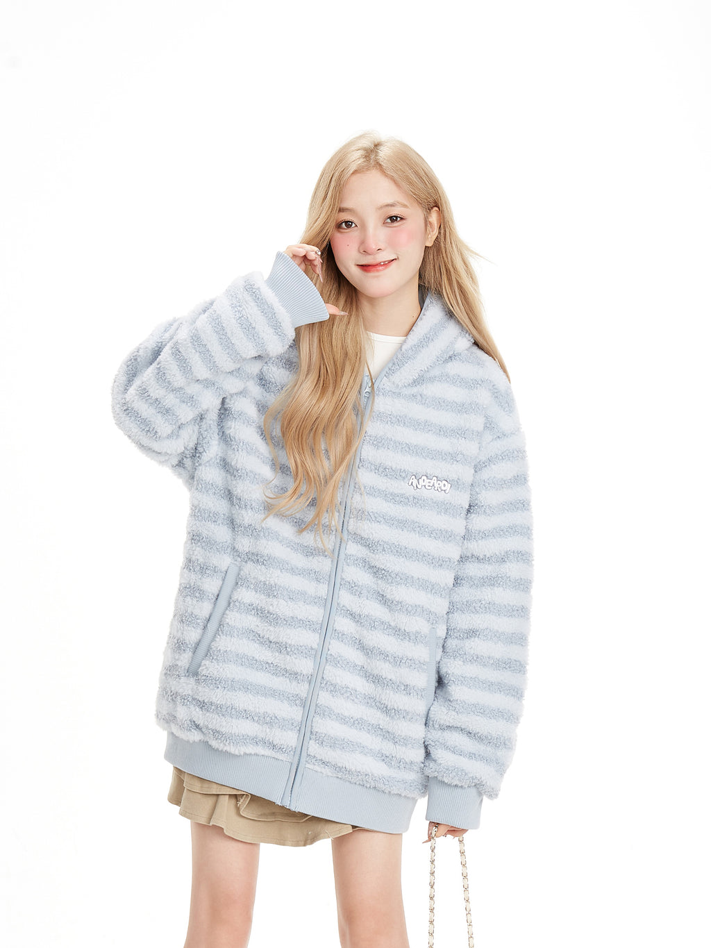 NERESUM Bear Ear Striped Fleece Hoodie Jacket Winter Cute Loose Thin Cotton Jacket