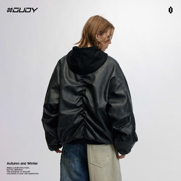 #OVDY Street Wear Retro Loose Thick Hood Zipper Leather Jacket