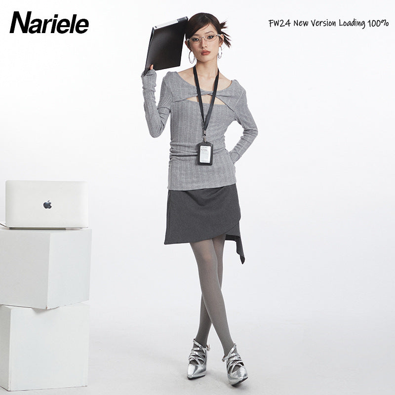 Nariele Cross Shoulder Hallow Long-sleeved Slim Fit Irregular Kint Sweater