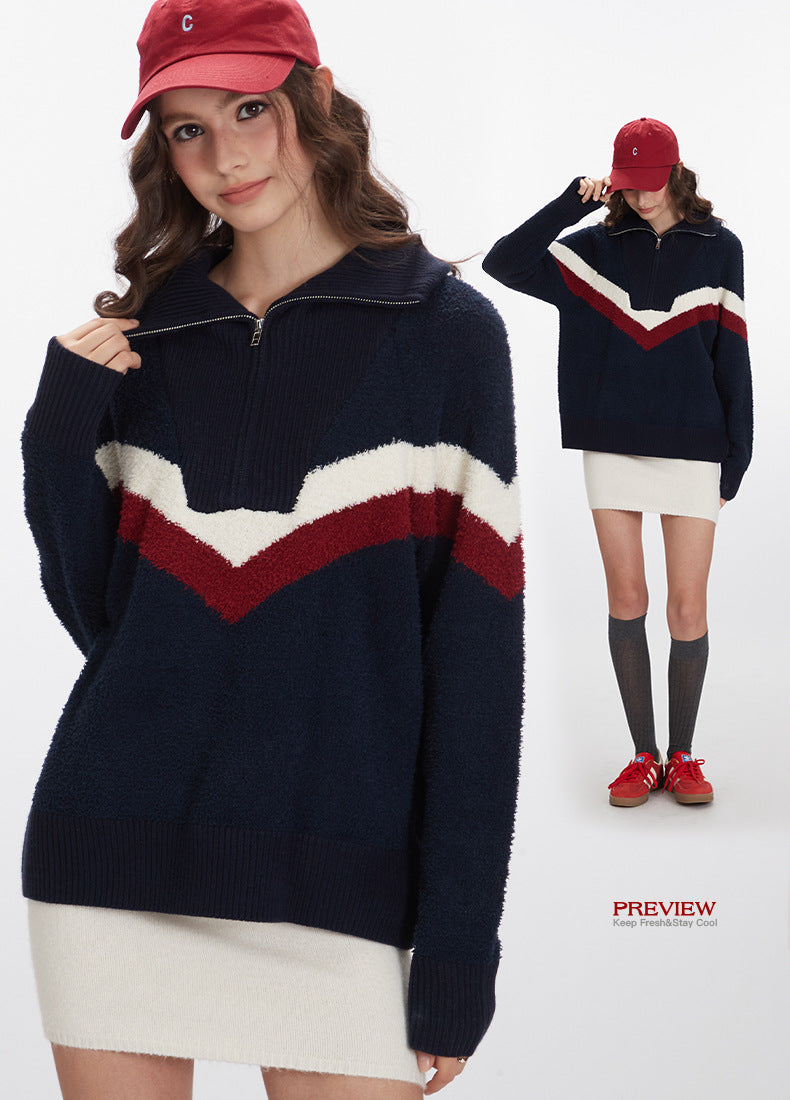 Nariele American Retro Style Striped Knit Loose Pullover Sweater