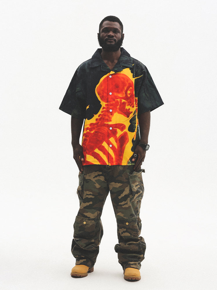 UNTILWERICH Cuban Collar Skull Shirt