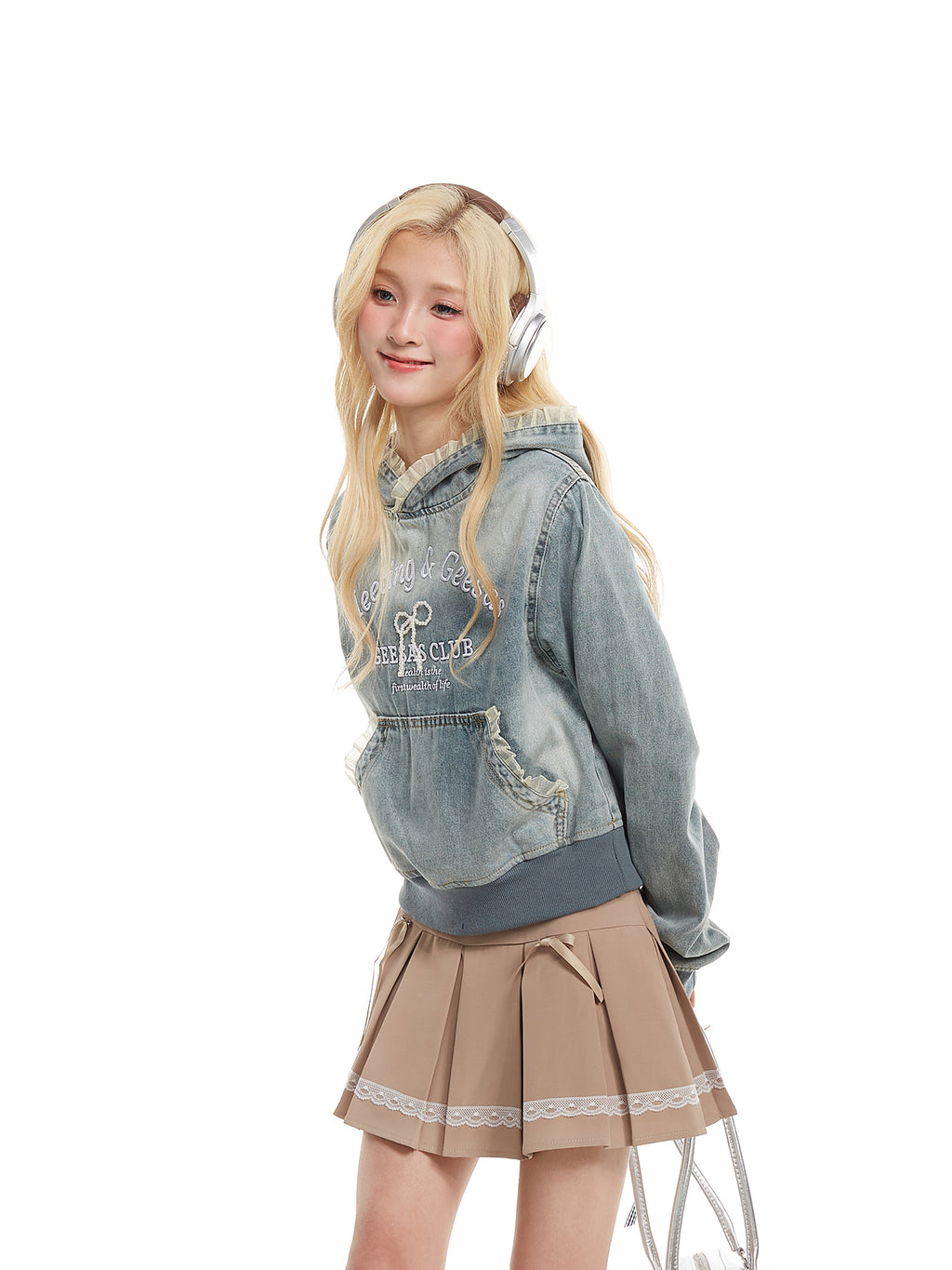 NERESUM Lace Patchwork Denim Hoodie Sweatshirt Trendy Preppy Street Cropped Hoodies