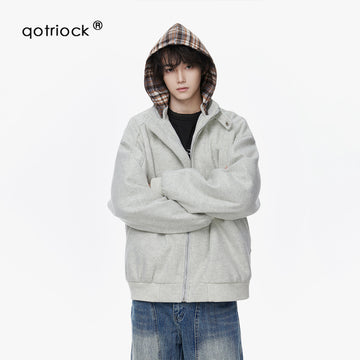 QOTRIOCK Two-Piece Plaid hooded Zipper Jacket