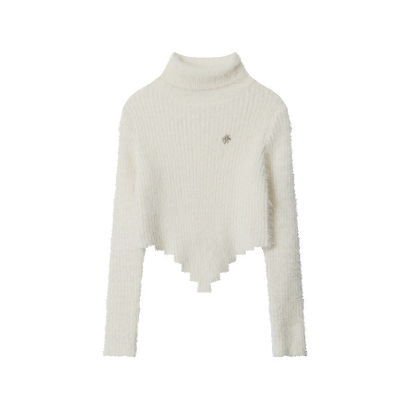 Nariele New Hem Irregular Design Turtleneck Knitting Niche Cropped Top Slim Fit Sweater