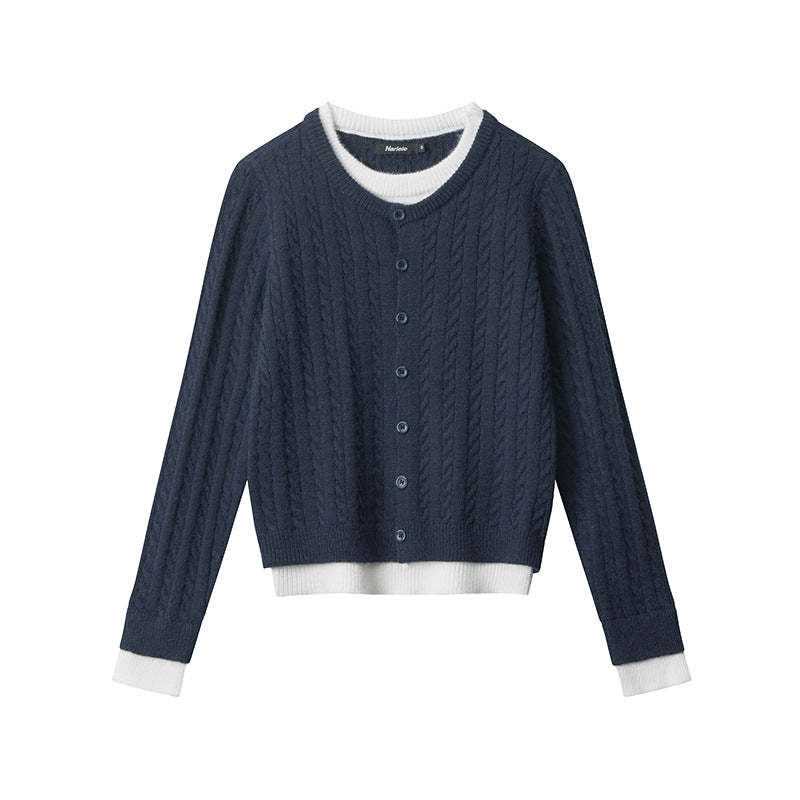 Nariele Two-Piece Wool Slim Fit Cardigan Loose Lazy Twist Knit Sweater