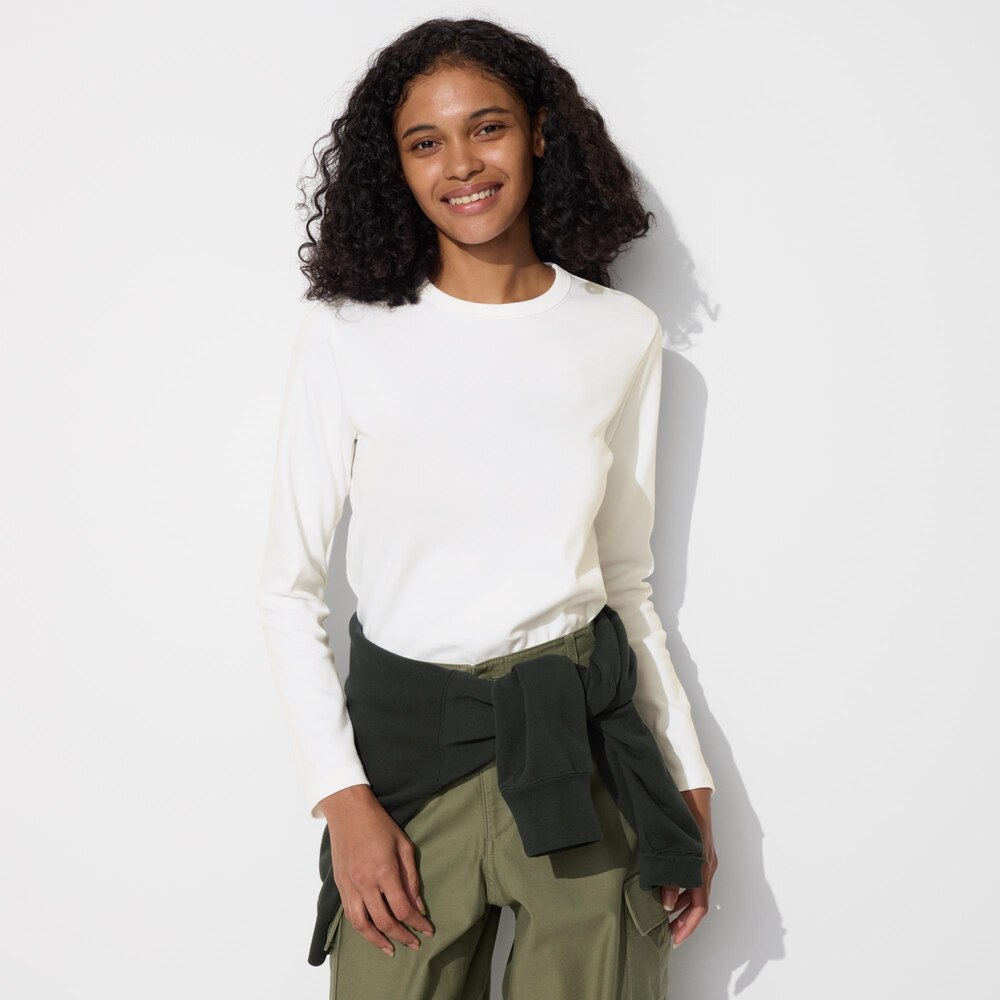 UNIQLO Women's Silky Stretch Cotton Crew Neck Tee Long Sleeves