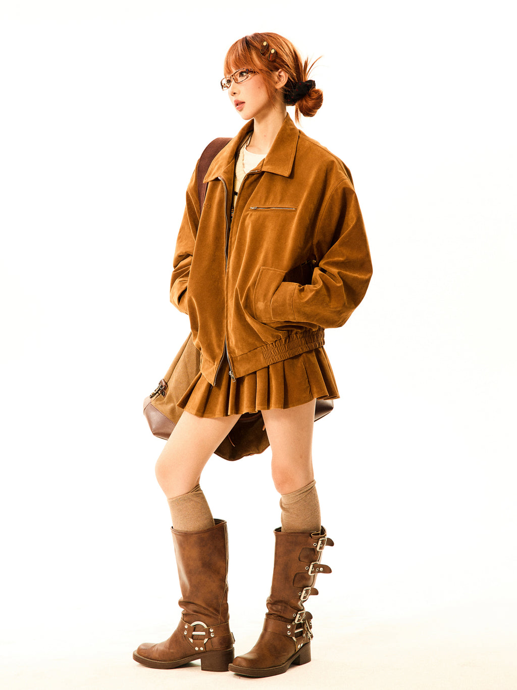 Mershier FEMALE BROWN SUEDE JACKET JACKET SKIRT SET