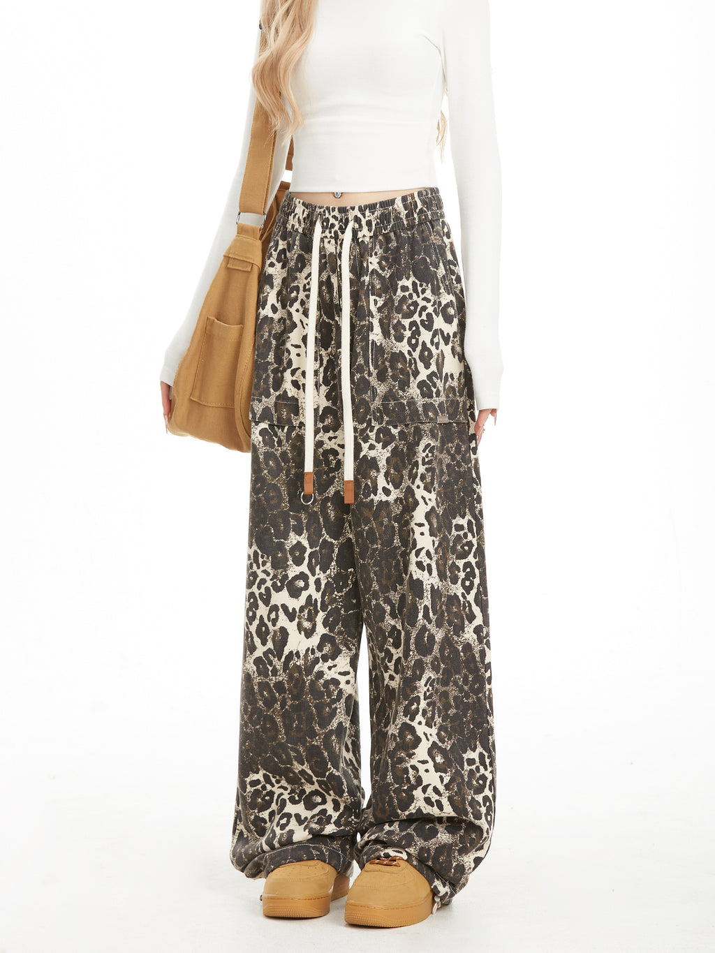 NERESUM leopard print retro cargo pants hip hop casual loose straight pants