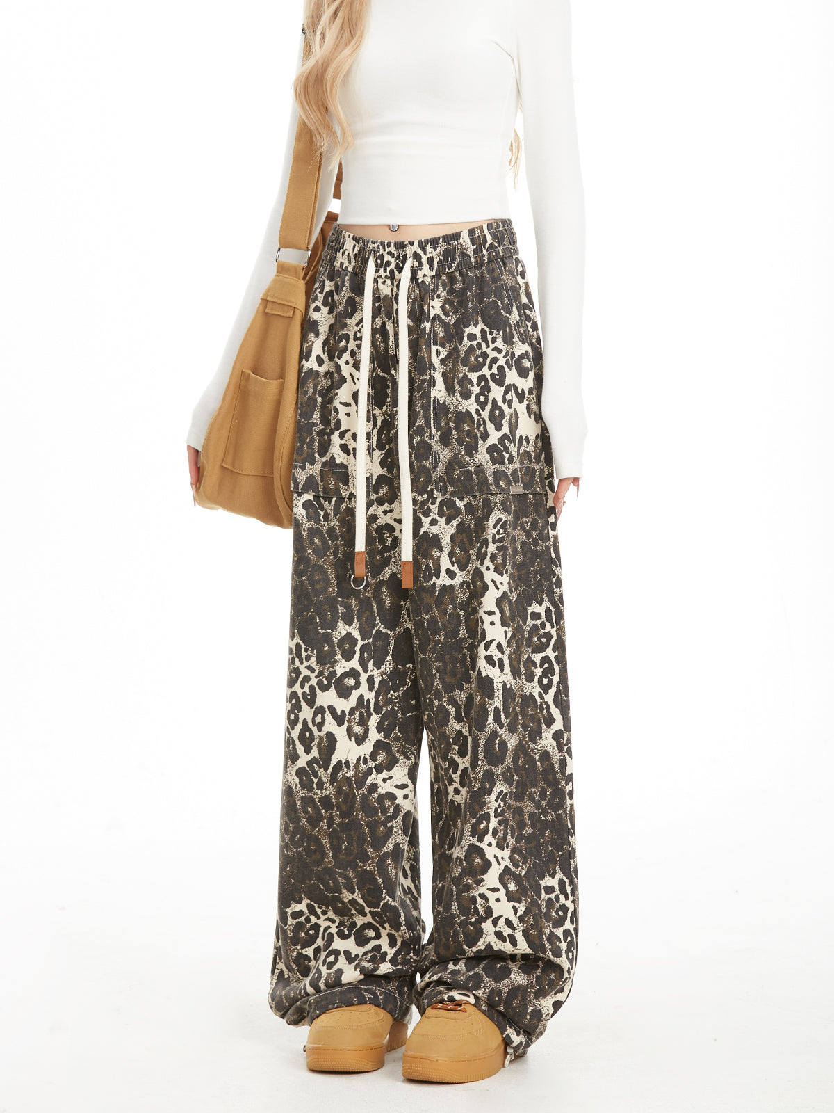 NERESUM leopard print retro cargo pants hip hop casual loose straight pants