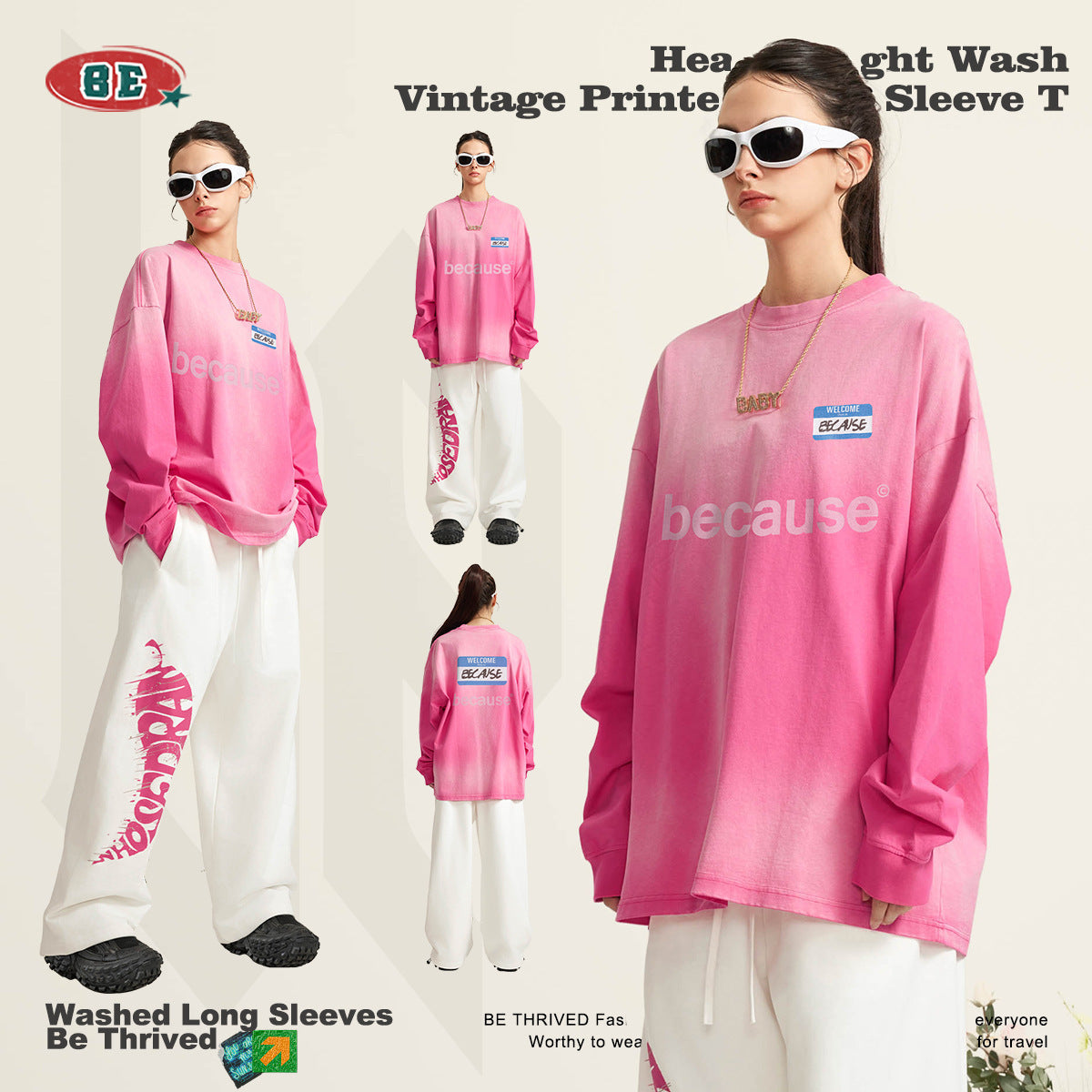 BE 260G 100% Cotton Because Tie-Dye Washed Long Sleeve Tee