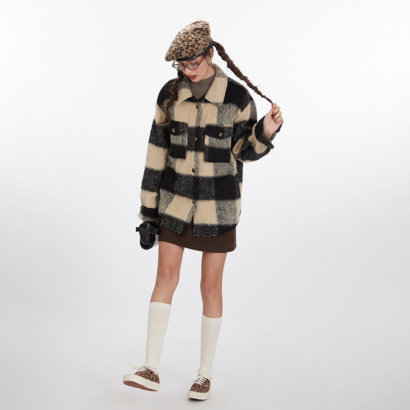 Nariele Plaid Long Jacket Vintage Loose Jacket