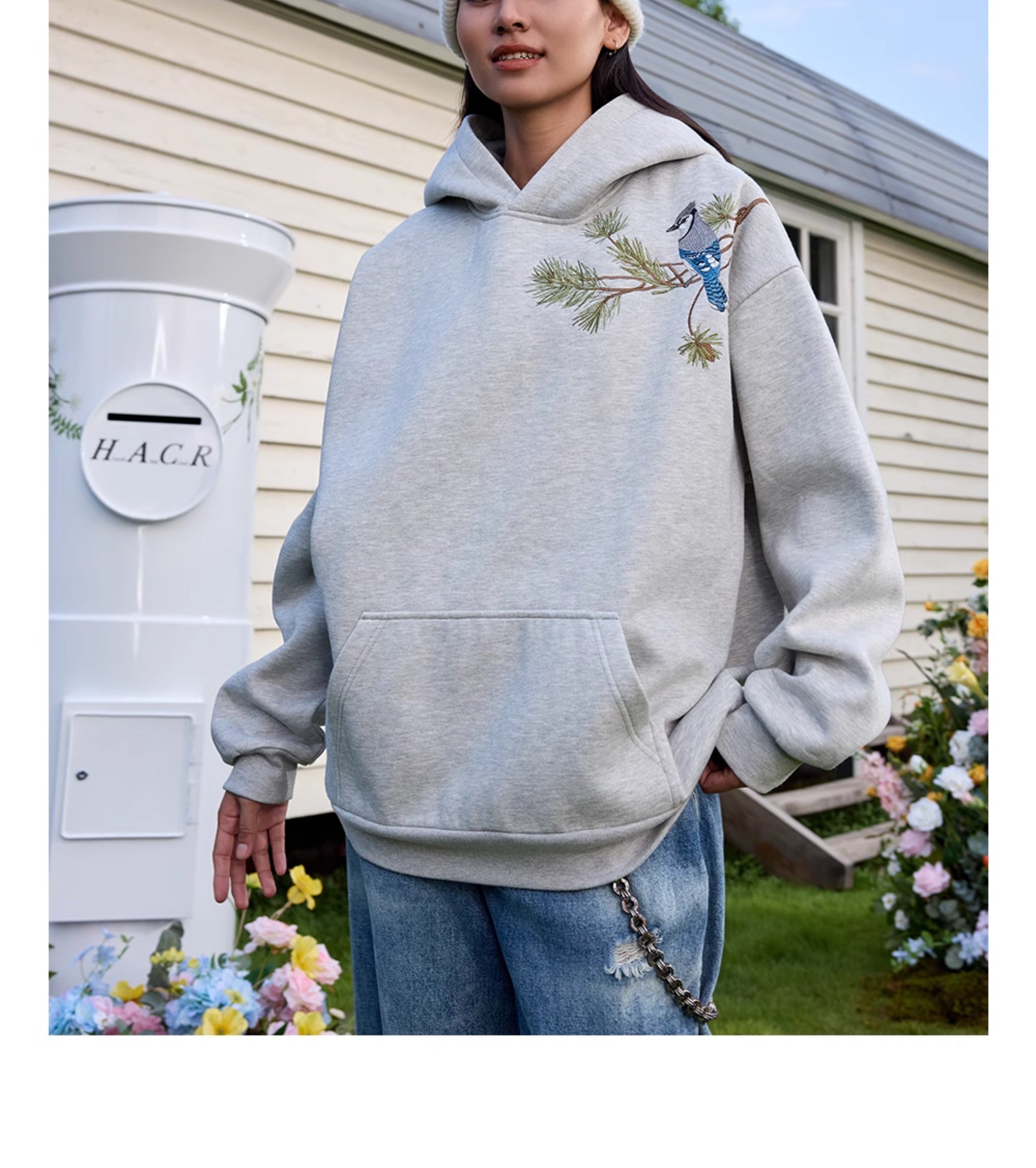 Harshandcruel Chinese Pine Needle Flying Bird Over-the-shoulder Embroidered HACR Hoodie