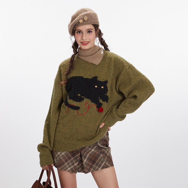 Nariele Cat Sweater Lazy Casual Knitted Loose Retro Crewneck Pullover Sweater