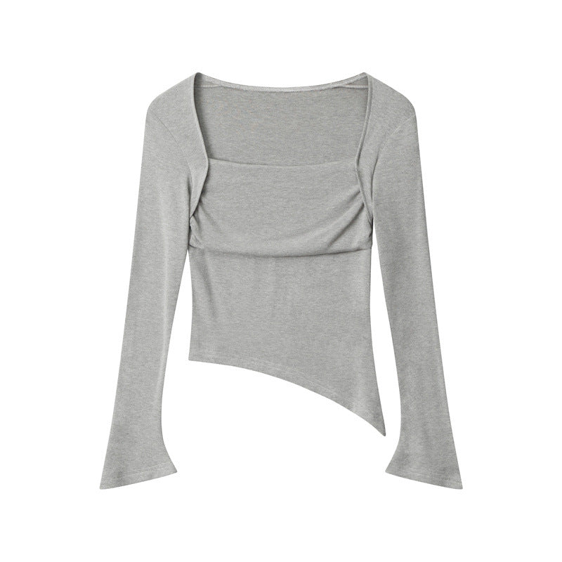 Nariele Square Neck Solid Color Slim Fit Crop Top Irregular Hem Long Sleeve T-Shirt