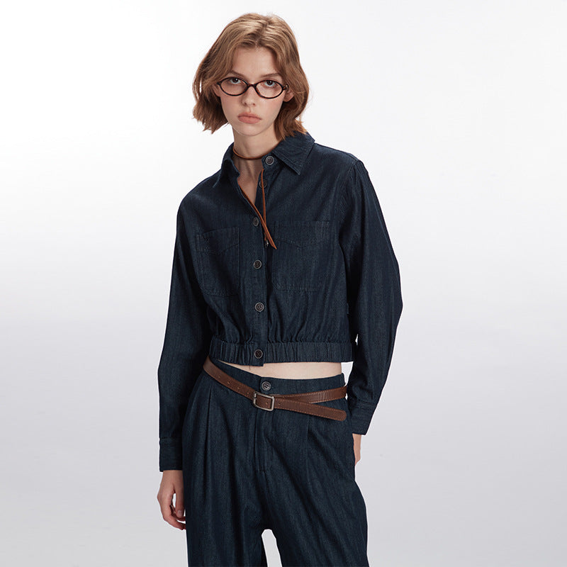 Nariele Womenswear Trendy Chic Wears Cropped Jacket Denim Wide-leg Pants Set